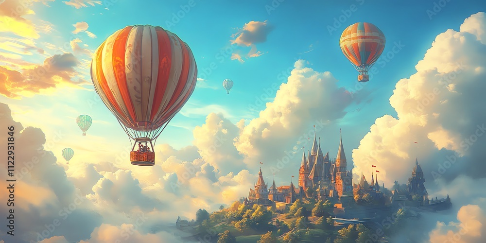 Fototapeta premium A whimsical scene featuring colorful hot air balloons floating above a fairytale castle.