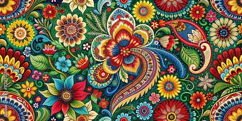 Ethnic Ornament Patterns Featuring Paisleys, Folk Flowers, and Leaves for Print or Embroidery in Vibrant Colors and Rich Textures, Perfect for Fashion and Home Decor Applications