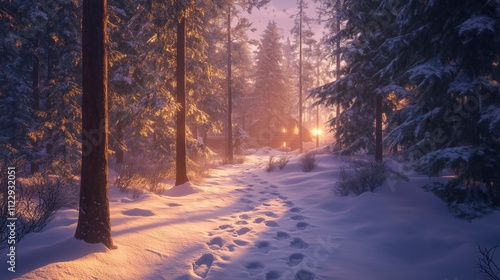 Verschneiter Waldpfad mit warmem Licht