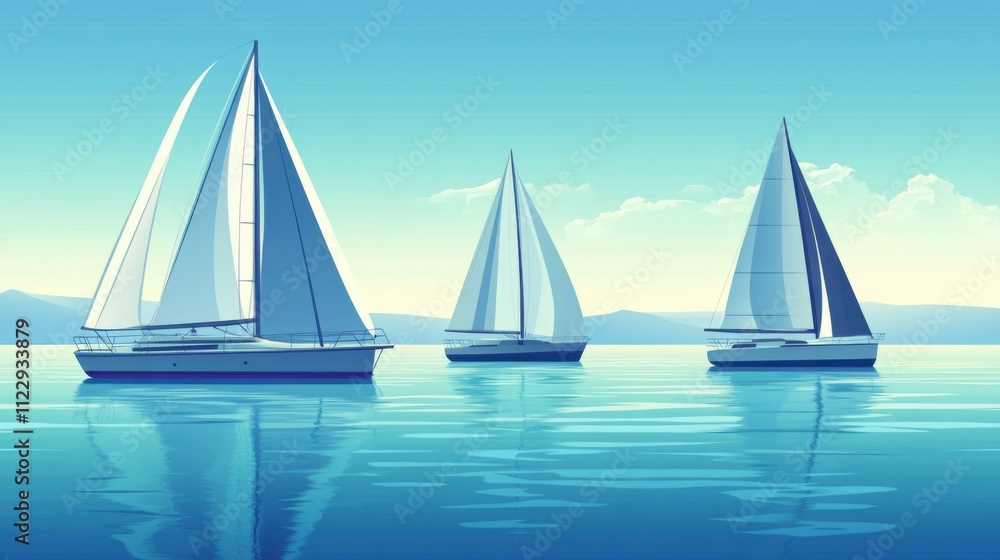 Fototapeta premium Boat clipart featuring sailboats and yachts on calm blue waters with a breezy aesthetic