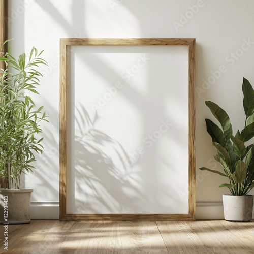 A mockup of an empty wooden frame with a blank white canvas, leaning against the wall in a minimalist-style room with plants and natural light
 photo