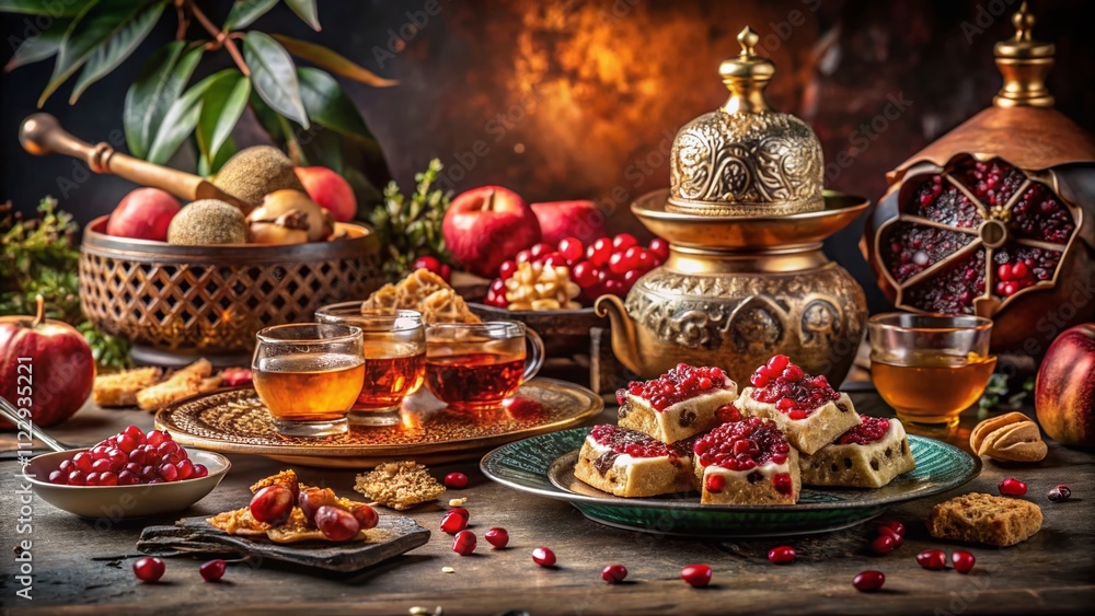 Exquisite Oriental Sweets Treats Served on a Table with Pomegranates, Honey, Nuts, and Tea Capturing Turkish Cuisine Hospitality and Elegance in Fashion Photography Exquisite Oriental Sweets Treats Served on a Table with Pomegranates, Honey, Nuts, and Tea Capturing Turkish Cuisine Hospitality and Elegance in Fashion Photography