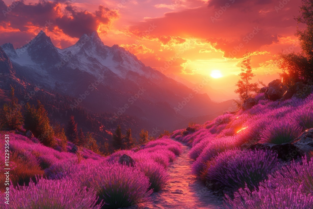 A vibrant sunset over a mountain landscape adorned with blooming purple flowers. A vibrant sunset over a mountain landscape adorned with blooming purple flowers.