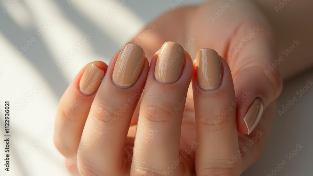 Naklejka premium Close up of a girl's hand with a neat manicure, nails in Mocha Mousse color. White background, shadows on the background