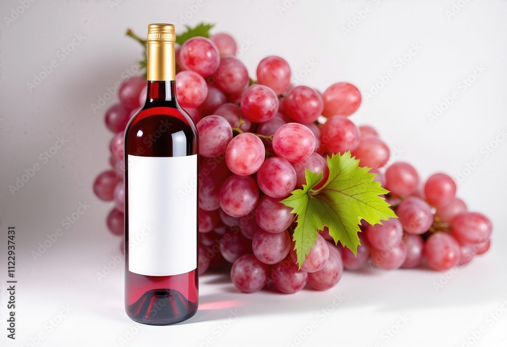 Obraz premium A Bottle of Red Wine Next to a Bunch of Fresh Grapes on a Plain White Backdrop