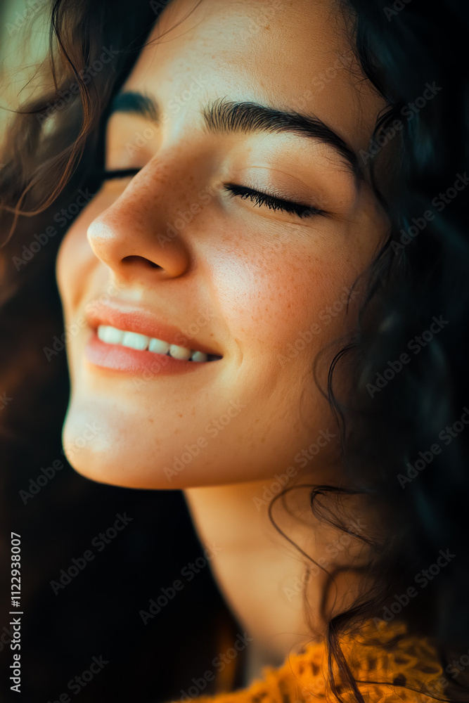 Adult woman enjoying a song, her face glowing with a look of pure enjoyment, close-up. Adult woman enjoying a song, her face glowing with a look of pure enjoyment, close-up.