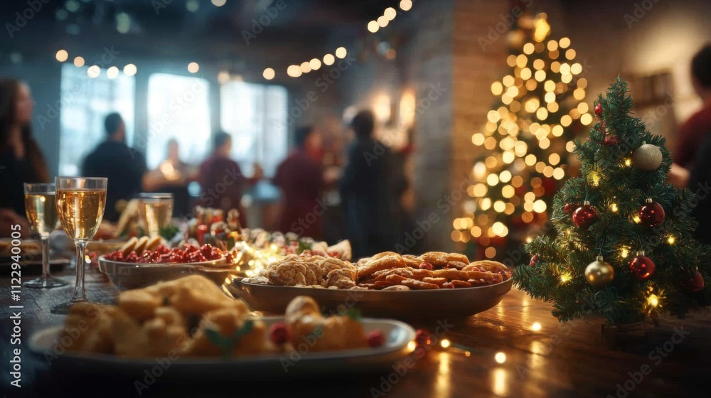 Fototapeta premium People celebrating Christmas dinner with festive decor and delicious food