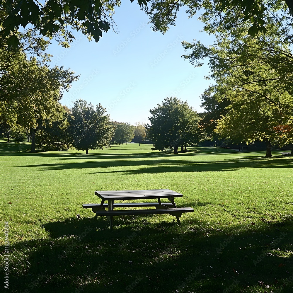 Fototapeta premium An open space in a recreation area with wide green lawns, perfect for an afternoon picnic.