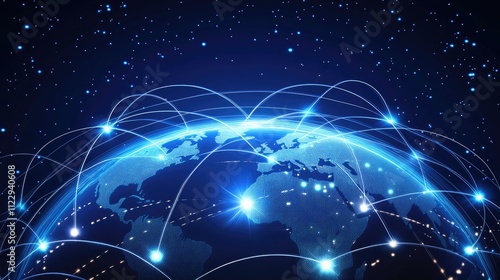 Connection lines glow light around the Earth's surface, future technology background with circles and lines. Internet, social media, travel, or logistical concepts.