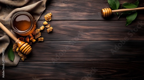 Honeycomb and Honey Jar on Rustic Wooden Background photo