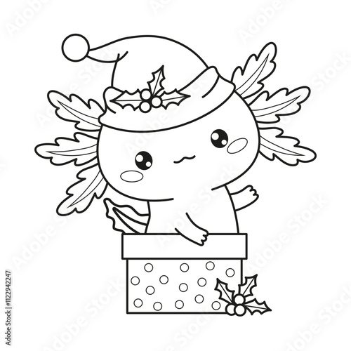 Cute Christmas Axolotl. Outline Little cartoon kawaii character wearing Santa hat in gift box. Line drawing, coloring book. New Year Kids collection. Vector illustration