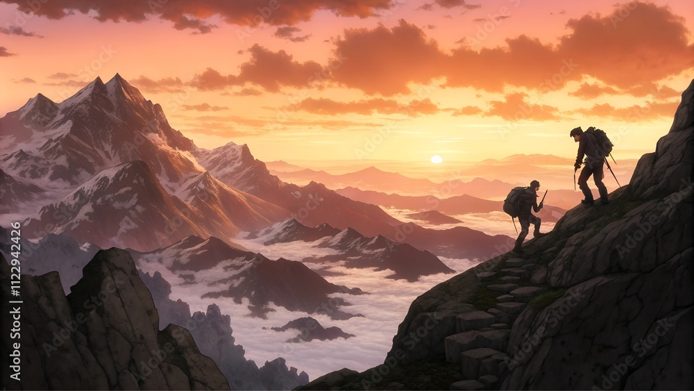 Fototapeta premium High mountain ridge with climbers silhouetted against a sunrise watercolor anime style painting