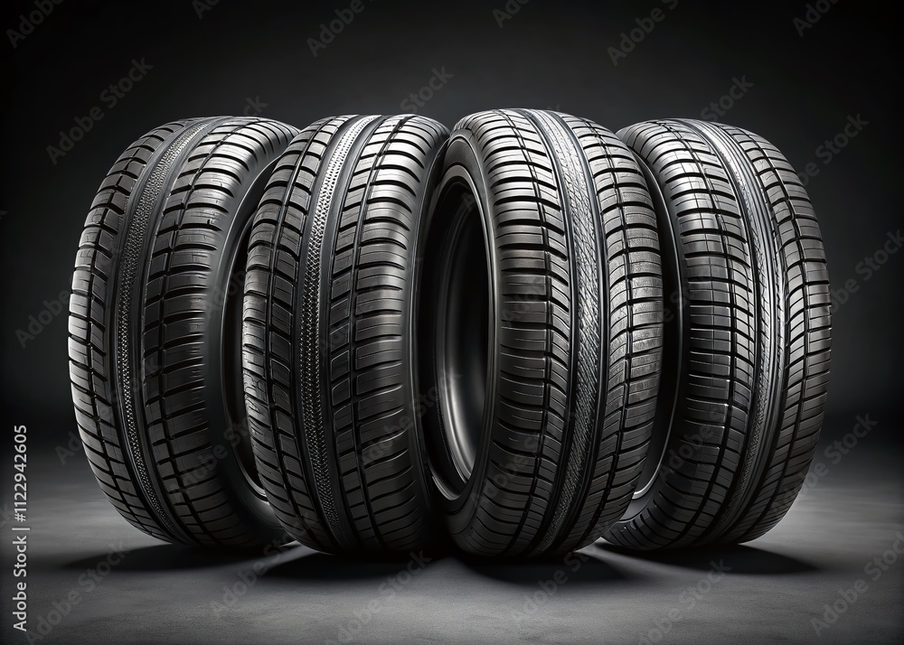 Four New Black Wheel Tires Stacked Together Showcasing Fresh Rubber and Detailed Tread Patterns for Car Maintenance and Automotive Enthusiasts Four New Black Wheel Tires Stacked Together Showcasing Fresh Rubber and Detailed Tread Patterns for Car Maintenance and Automotive Enthusiasts