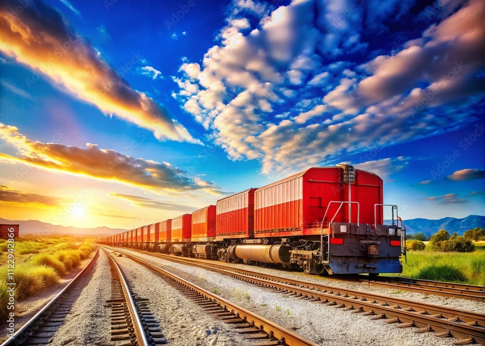Obraz premium Freight Train with Red Wagons Against a Clear Blue Sky, Capturing the Essence of Transportation and Nature's Beauty in a Stunning Food Photography Style