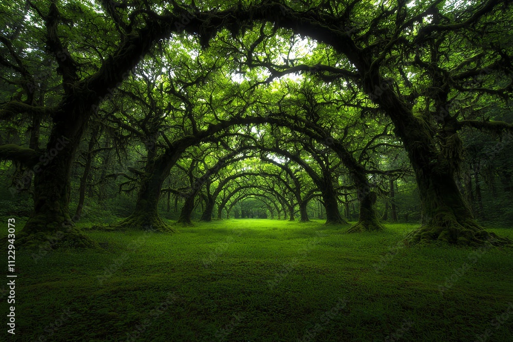 Fototapeta premium A serene grove of lush green trees creates a natural archway, inviting tranquility and peace in the forest.