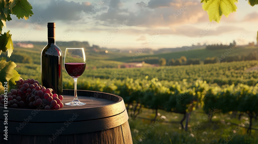 Fototapeta premium Wine Bottle and Glass on a Vineyard Barrel During Sunset