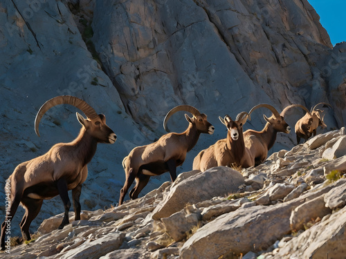 A herd of ibex climbing steep rocky slopes, their long curved horns silhouetted by a bright, clear blue sky. photo