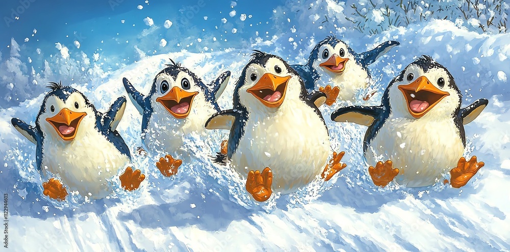 Fototapeta premium A cheerful group of penguins joyfully sliding through the snow.