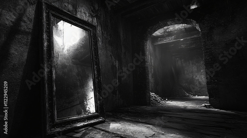 An eerie cellar where an old mirror reflects shadows that shouldn’t be there. The air is filled with soft, unintelligible whispers.