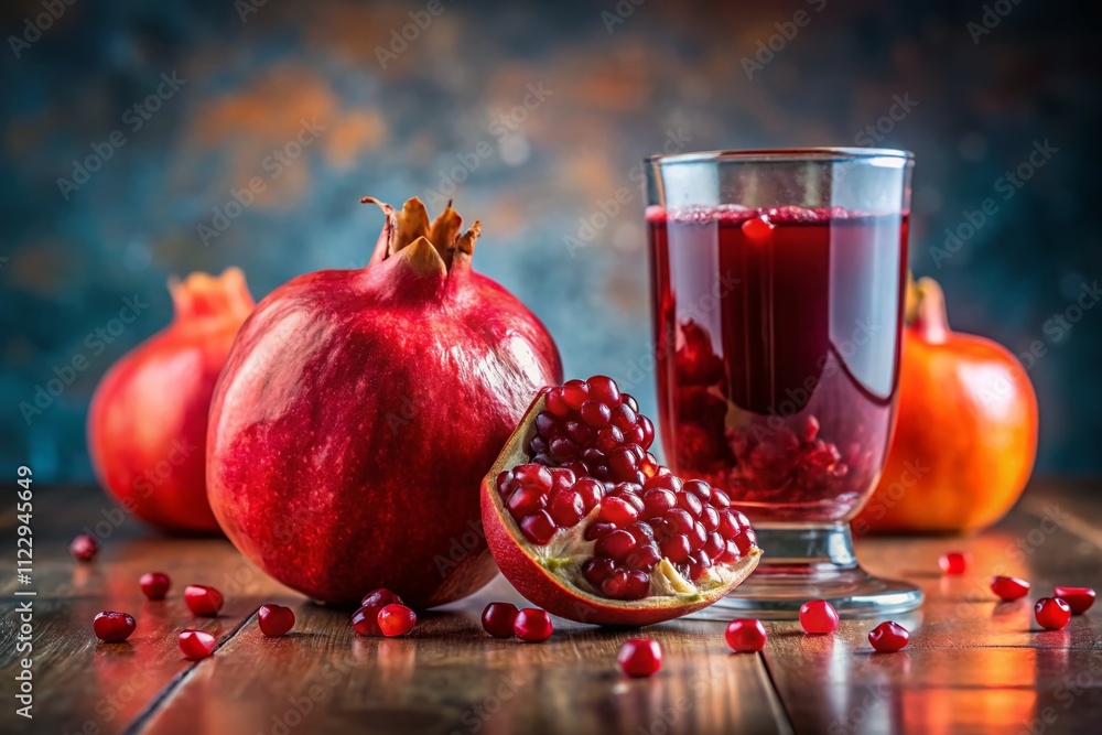 Freshly Squeezed Pomegranate on Countertop with Juice Spilling Out, Capturing the Vibrant Colors and Texture, Perfect for Healthy Living and Culinary Inspiration Freshly Squeezed Pomegranate on Countertop with Juice Spilling Out, Capturing the Vibrant Colors and Texture, Perfect for Healthy Living and Culinary Inspiration