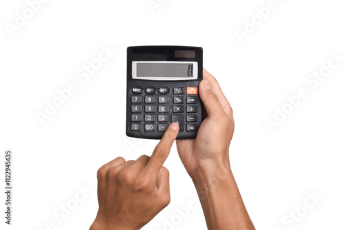 Hands holding and using a calculator isolated on a white background