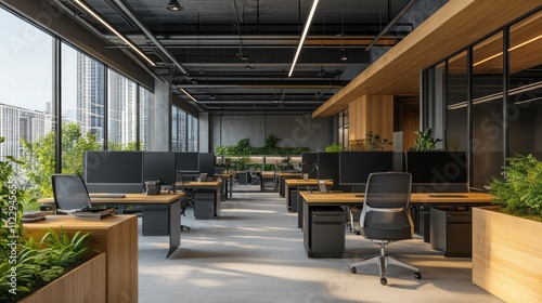 Modern office interior with natural elements, sunlight streaming through large windows, showcasing desks, plants, and a minimalist design.