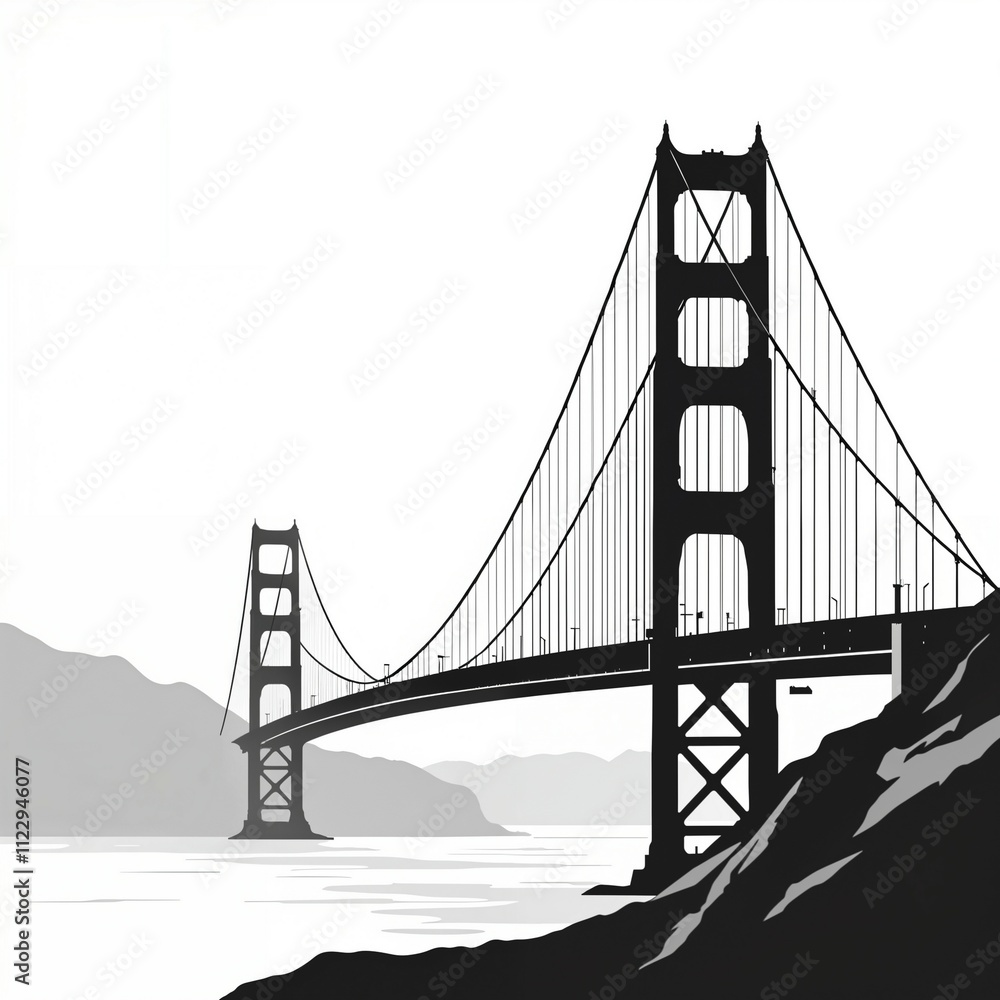 Fototapeta premium Golden Gate Bridge black and white minimalist landscape illustration