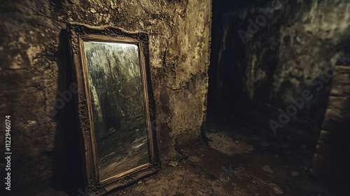An eerie cellar where an old mirror reflects shadows that shouldn’t be there. The air is filled with soft, unintelligible whispers.