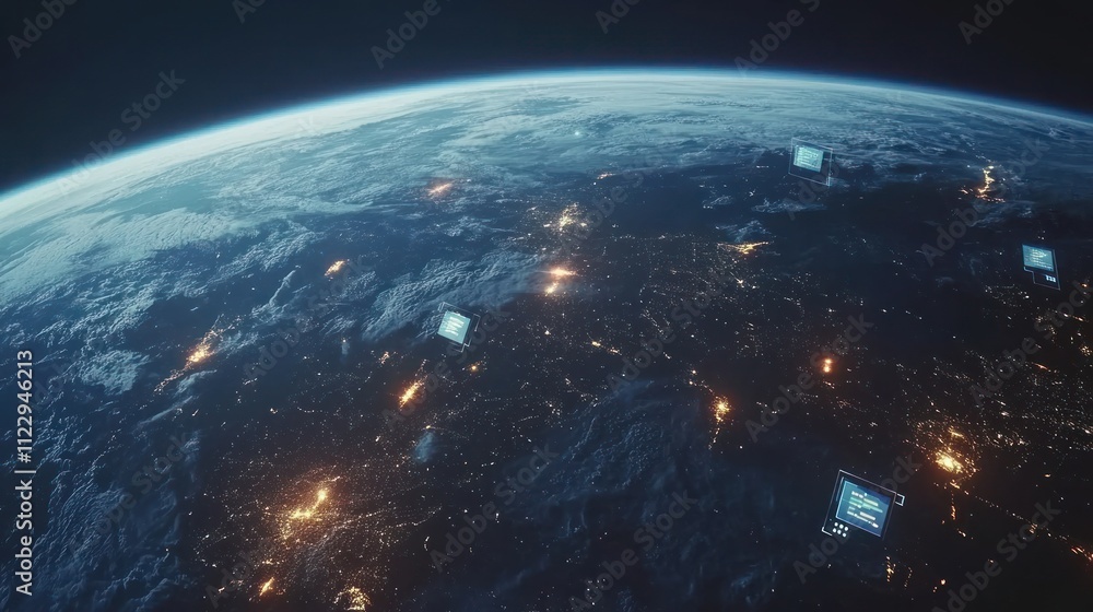 Obraz premium Earth at night with glowing screens representing global connectivity.