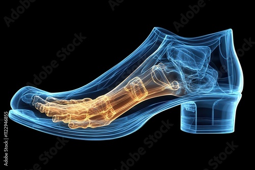 X-ray image of a shoe revealing its internal structure and foot anatomy.