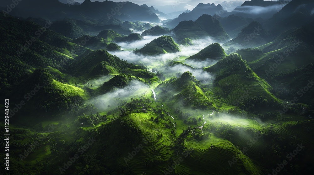 Obraz premium Breathtaking aerial view of lush green mountains shrouded in mist, capturing nature's serene beauty.