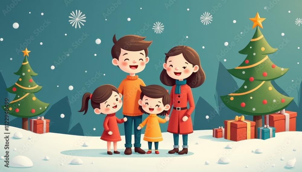 Fototapeta premium happy family 2D art style illustration cartoon Christmas winter background