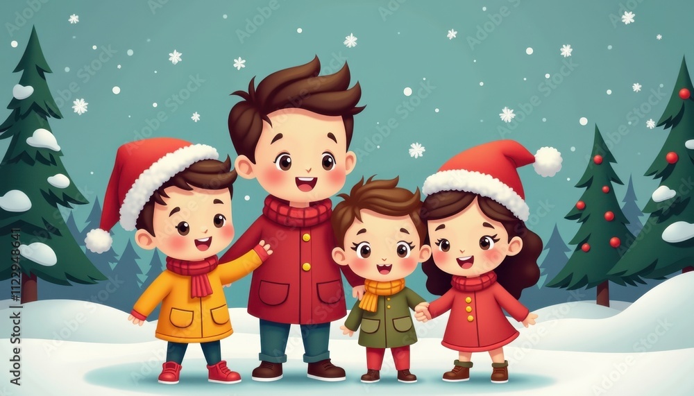 happy family 2D art style illustration cartoon Christmas winter background happy family 2D art style illustration cartoon Christmas winter background