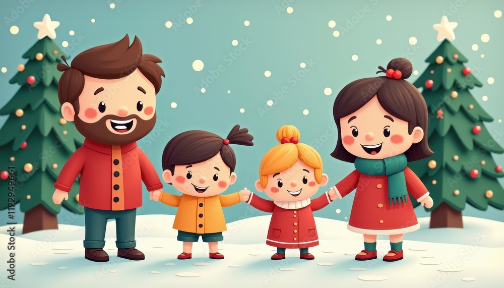 Fototapeta premium happy family 2D art style illustration cartoon Christmas winter background