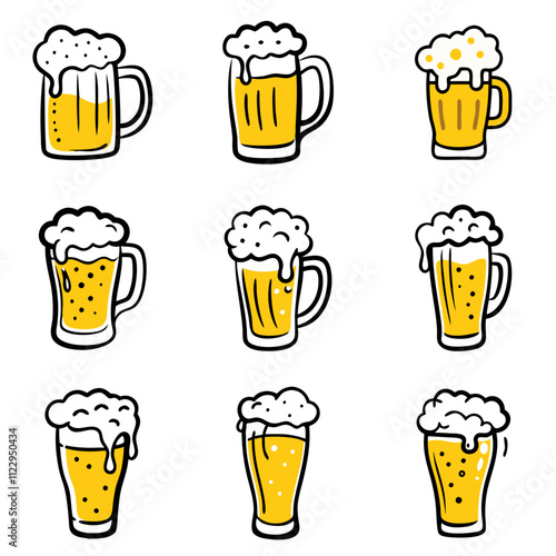 Vector illustration of various beer mugs with foam on a white background