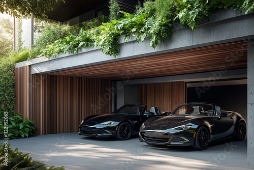 A two-story concrete house with wooden slats on the facade, plants and greenery growing around it, cars parked in front of an underground garage with dark walls