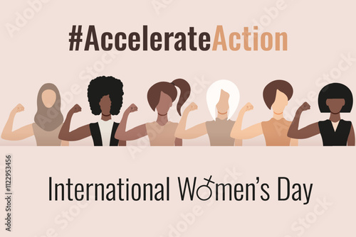 Minimal style Accelerate Action banner template design. International Women's Day 2025. Women's in pose of accelerate action. Vector for web social media banner poster cover. Typography slogan