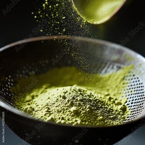 Motion kitchen photography sifting matcha powder for ideal tea making photo