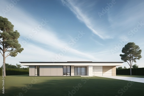 Modern house design with flat roof, large windows, and beige facade, nestled in a green lawn.