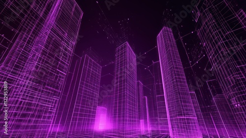 Purple Metropolis: A Digital Cityscape of Wireframe Buildings