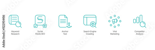 SEO and Marketing Insights Icon Set – Keyword Research, Social Media SEO, Anchor Text, Search Engine Crawling, Viral Marketing, and Computer Analysis Design