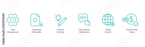Digital Strategy and Optimization Icon Set – Time Management, Download Information, Creative Services, Voice Search Optimization, Global Solution, and Pay-Per-Click Setup Design