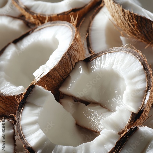 Closeup of coconut meat bright indoor food photography for tropical culinary concepts