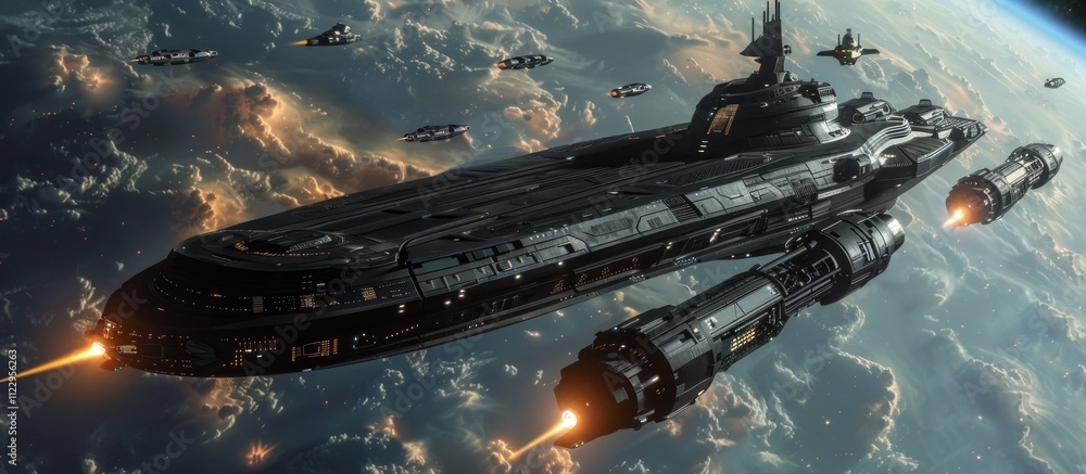 Obraz premium A massive imposing futuristic spacecraft engaging in an epic dramatic battle with alien forces in the depths of a cosmic star filled galaxy Lasers and missiles fly between the massive vessels