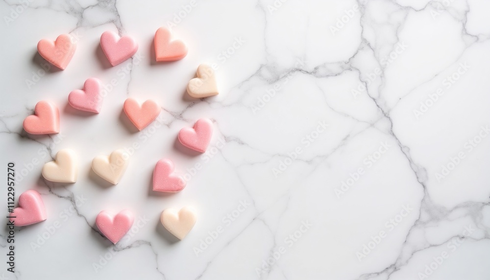 Fototapeta premium Heart-shaped candies in pink and white colors on a marble background with copy space