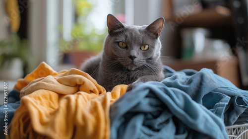 A relaxed gray cat lounging on a colorful pile of laundry in a cozy home setting. photo