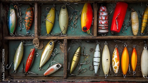 Classic fishermanâl tackle box with lures, hooks, and floats