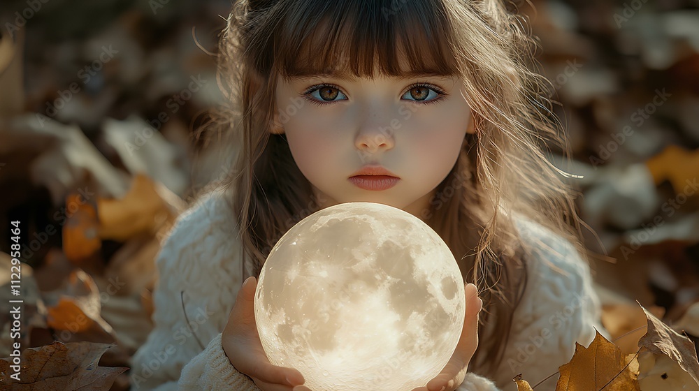 Naklejka premium Young girl holding glowing moonlight orb in autumn leaves