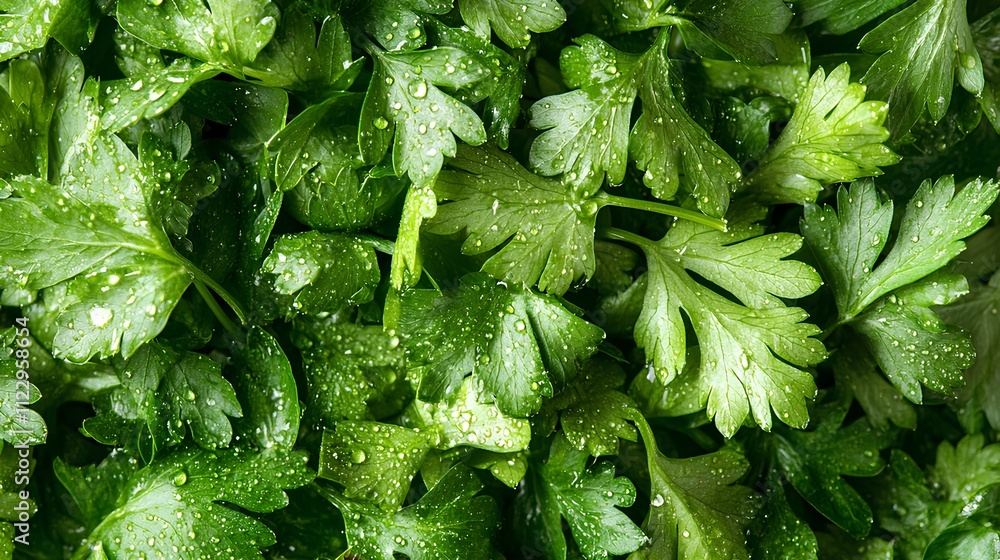 Fresh parsley leaves with water droplets macro photography