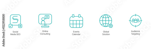 Digital Strategy Icon Set – Social Media SEO, Online Consulting, Events Calendar, Global Solution, and Audience Targeting Design
